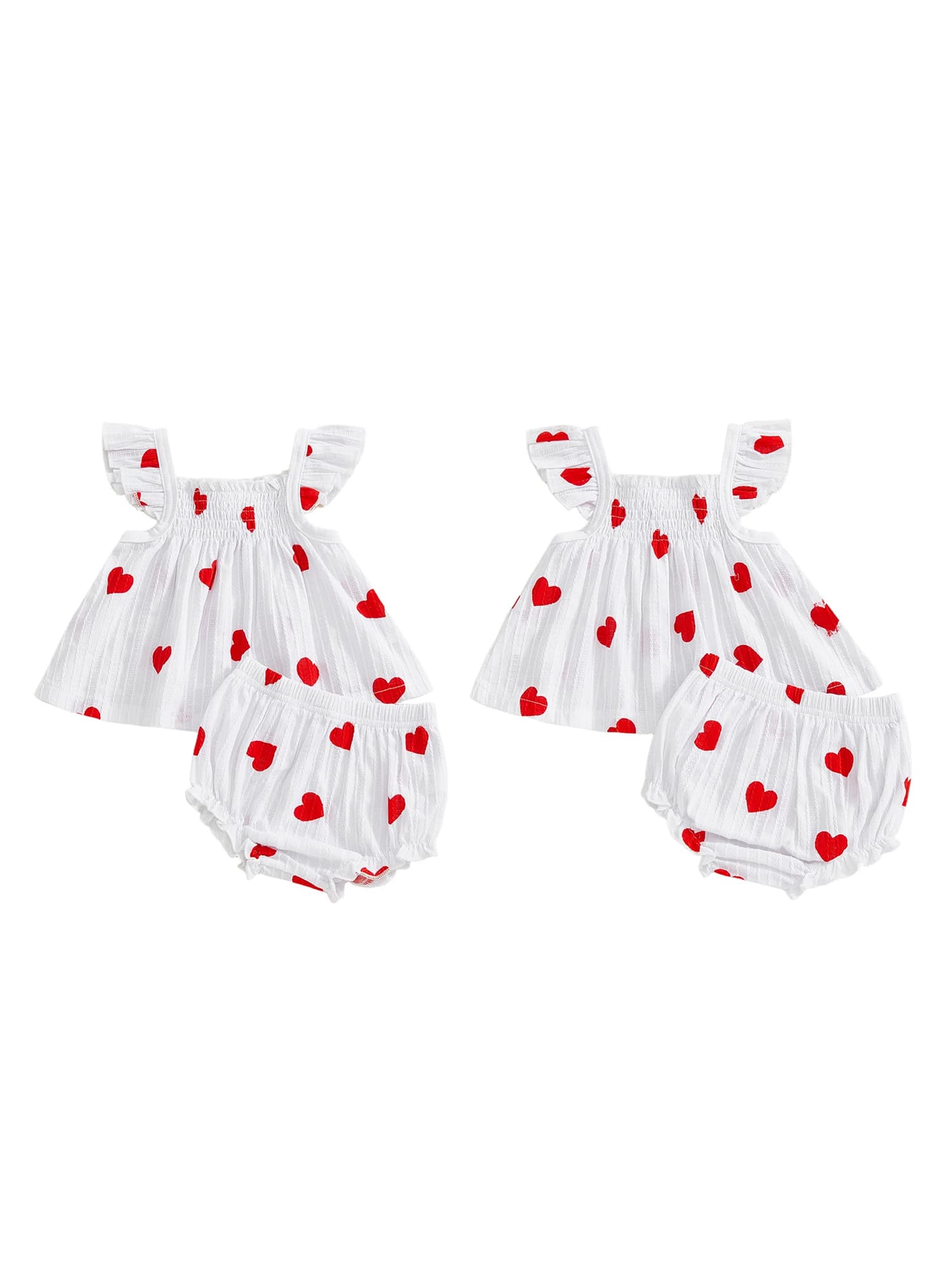 Abito da bambina per San Valentino con stampa a cuore, top smock con maniche svolazzanti e pantaloncini con volant, set estivo da 2 pezzi con dettaglio fiocco