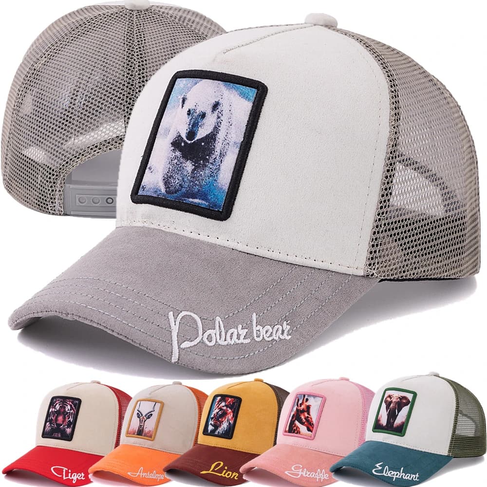New Summer Animal Trucker Hat Polar Bear Pattern Patch Design Suede Baseball Cap Outdoor Sports Streetwear Cap For Men Women
