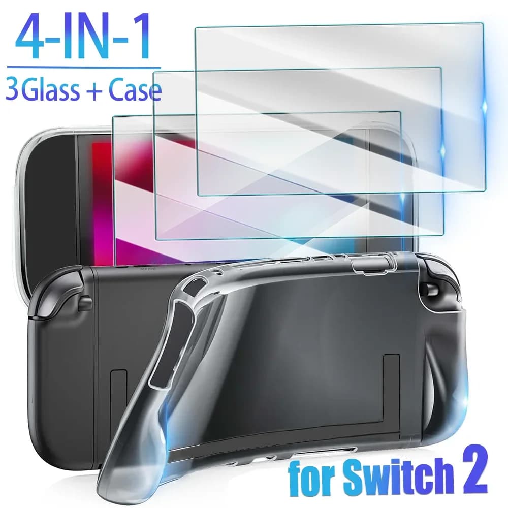 Per Switch 2 Proteggi schermo in vetro temperato HD Antigraffio Durezza 9H con custodia in TPU Copertura morbida antiurto Protezione completa