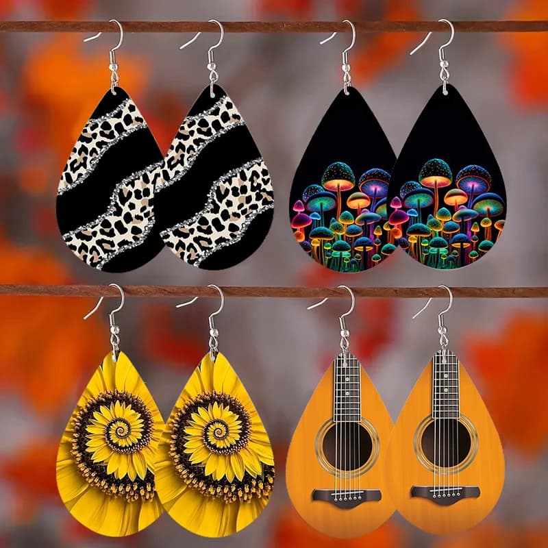 SOMESOOR Carino Ukulele Chitarra Orecchini a goccia Leopardo Girasole Fungo Stampato Piccoli gioielli pendenti in legno per le donne Regali