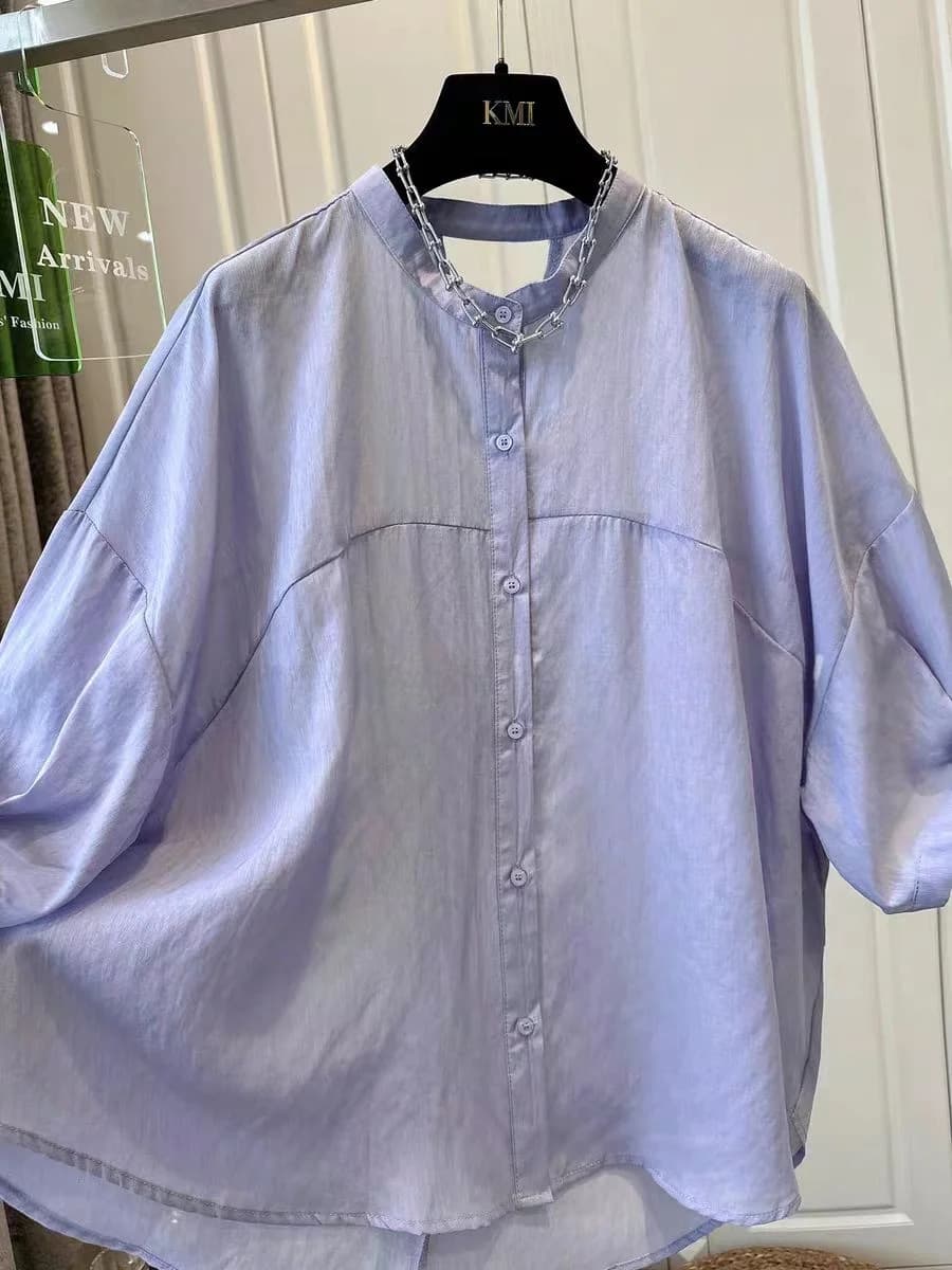 Elegant Purple Back Knot Shirt Women's Short Sleeve Loose Fashionable Summer Top Korean Style round Neck Casual Blouse