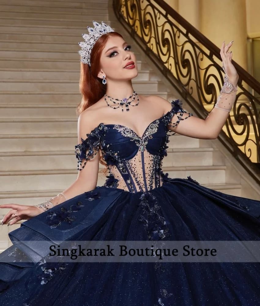Squisito abito Quinceanera nero con perline e cristalli, applicazioni con spalle scoperte, abito da ballo dolce 16, abito da festa di compleanno personalizzato