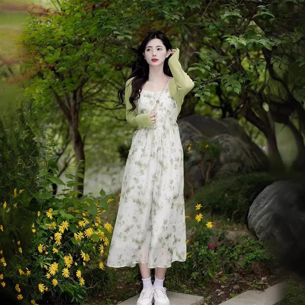 Green Summer Style Women's Dress Set Strap Long Skirt Orange Bellflower Two-Piece Suit Fashionable And Elegant