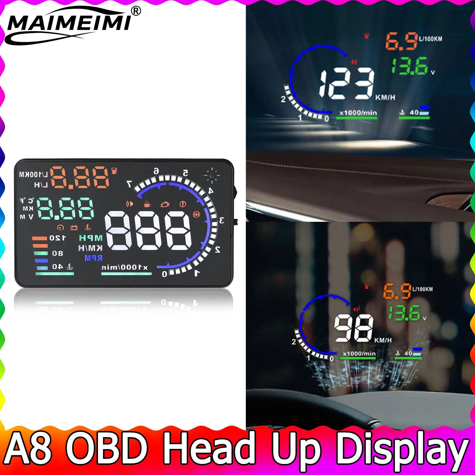Proiettore per parabrezza veloce A8 OBD HUD Dispositivi elettronici automatici Velocità RPM Avviso carburante Strumento diagnostico per dati Display Head Up per auto