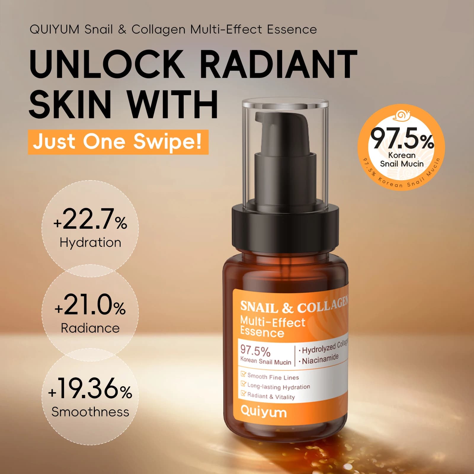 Quiyum Snail Mucin & Collagen Multi‑Effect Essence 100ml Long‑Lasting Hydration Smooth Fine Lines Enhance Radiant