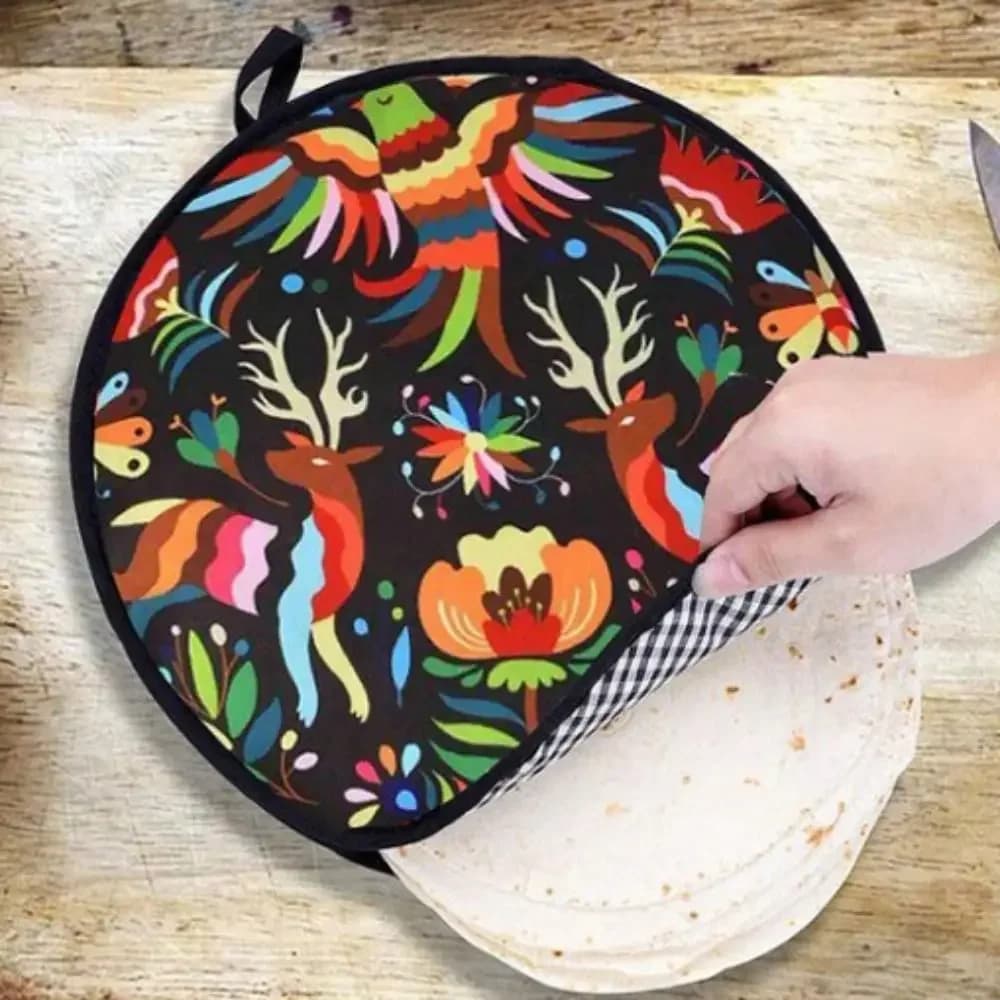 Borsa riutilizzabile in stoffa Burrito rotonda con manico Borsa termica per pancake MicroondePortable 30 cm Custodia scaldavivande per tortilla Resistente al calore