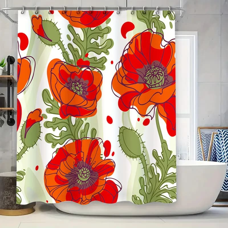 Tenda da doccia con fiori di papavero vibrante, decorazione floreale arancione e rossa per il bagno, tessuto in poliestere con occhielli, anello di grandi dimensioni