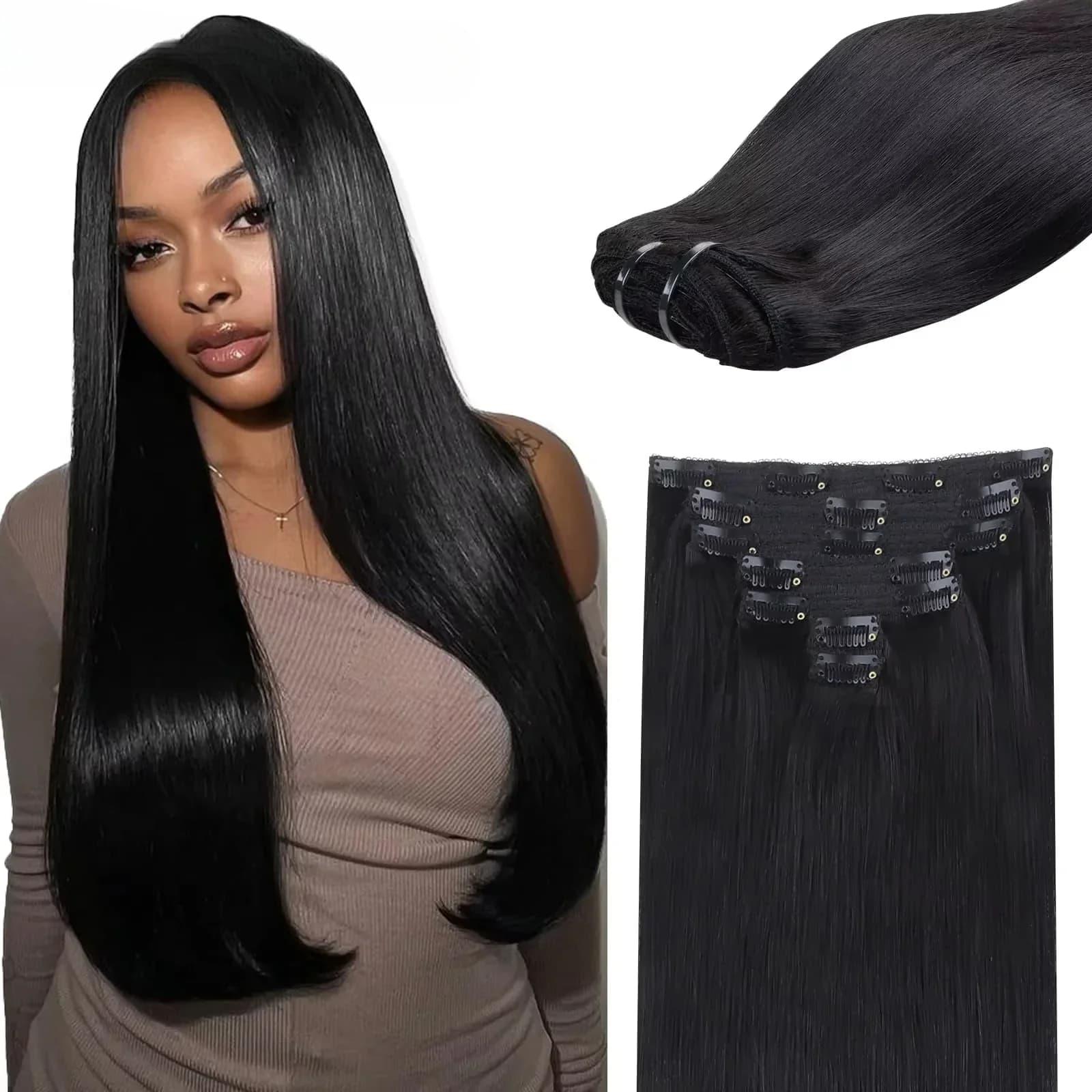 Clip nelle estensioni dei capelli Capelli umani Clip dritta brasiliana in colore nero naturale Clip Ins Capelli Remy 20 22 24 26 pollici 4 # Donne