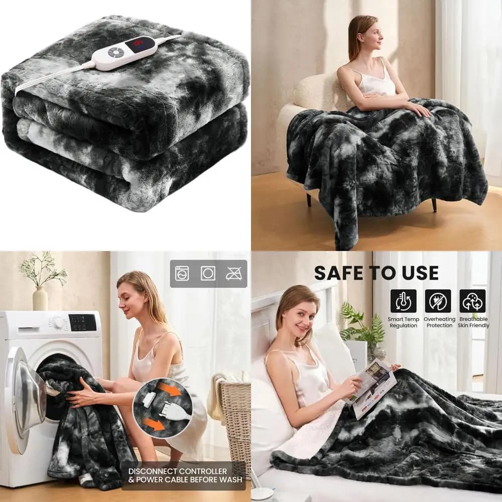 Coperta elettrica di lusso in pelliccia sintetica nera doppia, 62x84, 6 impostazioni di calore, spegnimento automatico di 12 ore