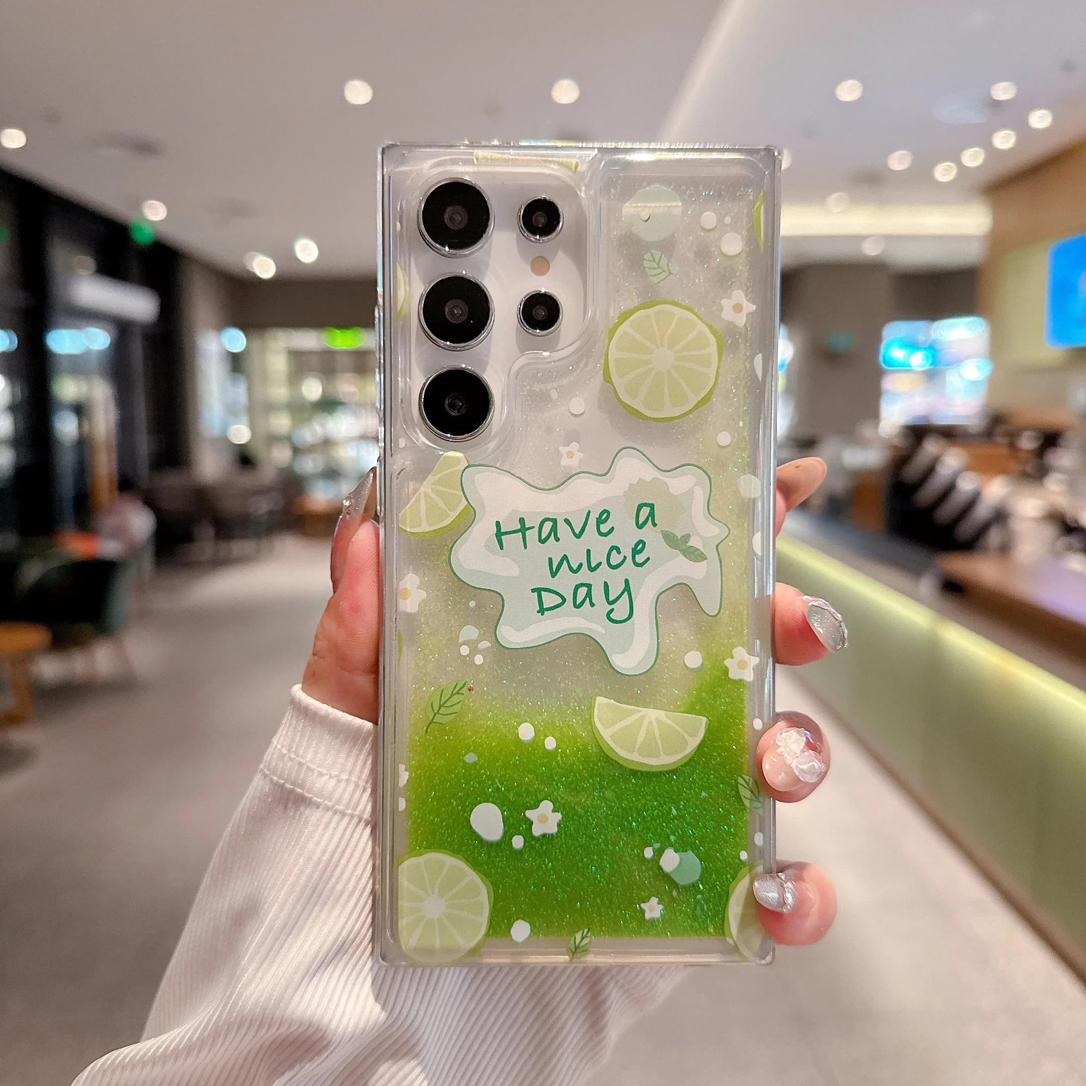 Cute Lemon Peach Pattern Glitter Liquid Bling Quicksand Phone Case for Samsung Galaxy S24 S25 Ultra S23 S22 Plus Phone Cover