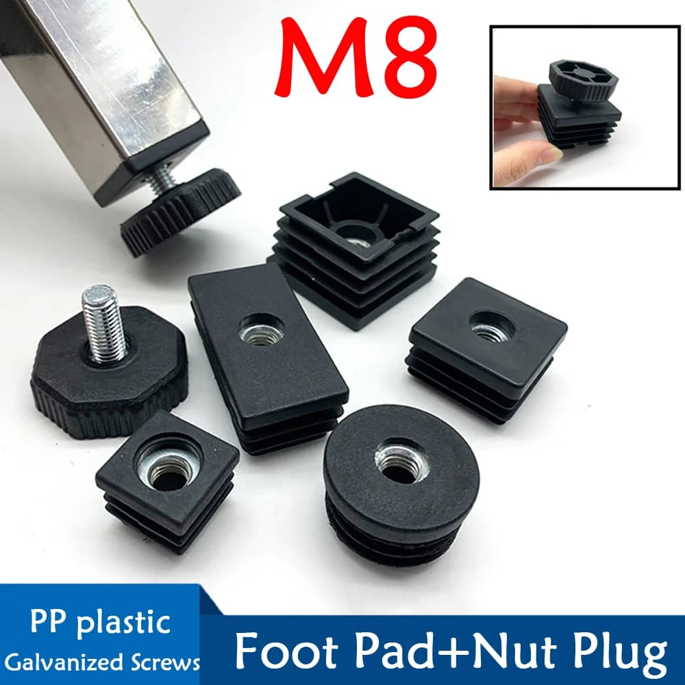 Tappi per tubi in plastica quadrati/rotondi M8 Vite regolabile Rilievo del piede Diametro 39mm Tappi per gambe per sedie da tavolo per mobili 20 25 30 38 40 50mm