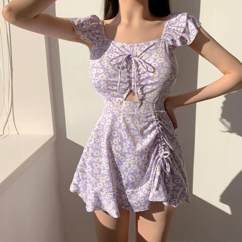 Costume da bagno intero coreano da donna con stampa floreale viola per le vacanze 2026, con volant e coulisse, stile abito, per spiaggia e mare
