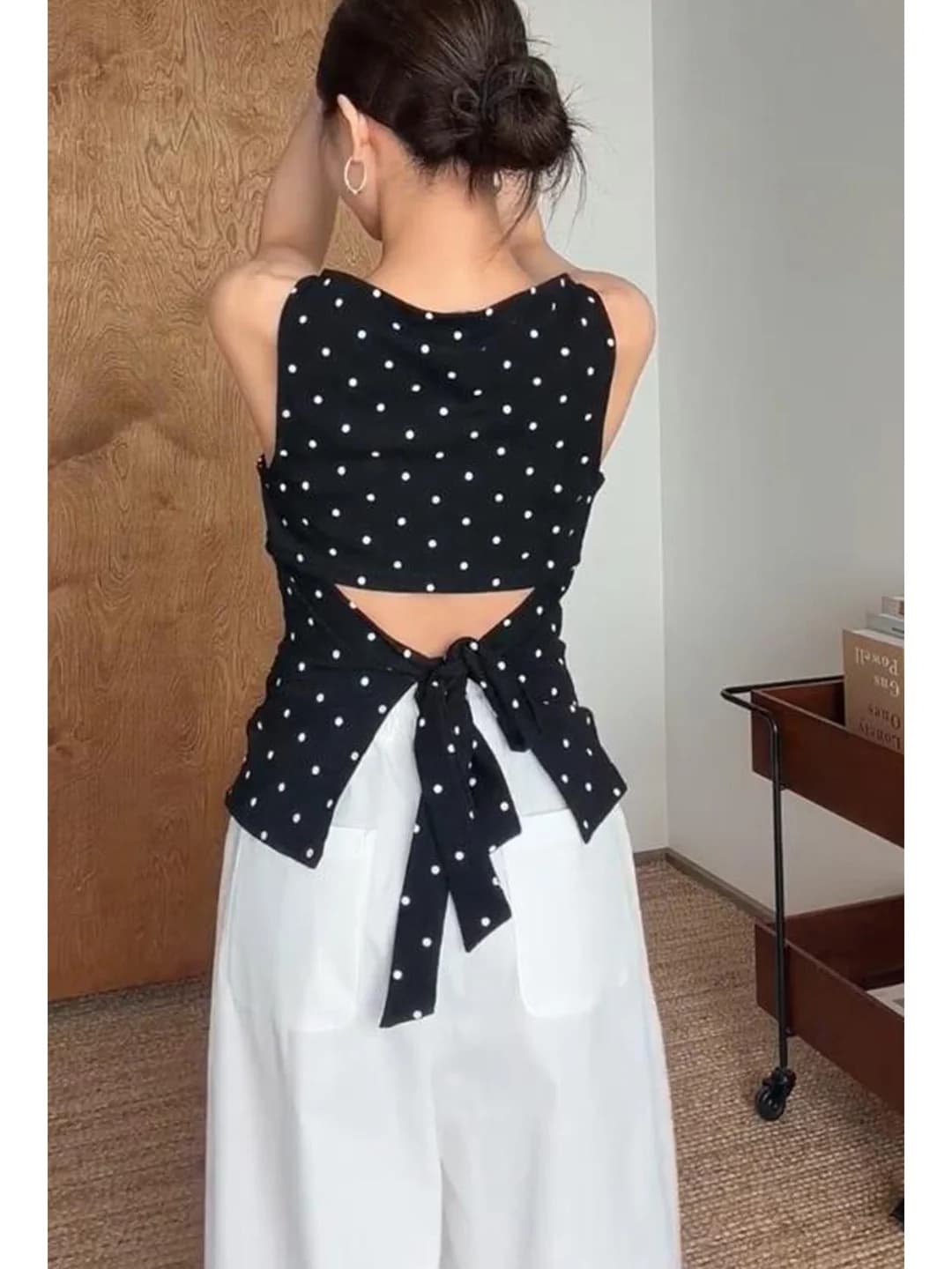 American Style Spicy Girl Polka Dot Vest Women Casual Slimming Sexy Belted Sleeveless Top round Neck Bohemian Summer Wear