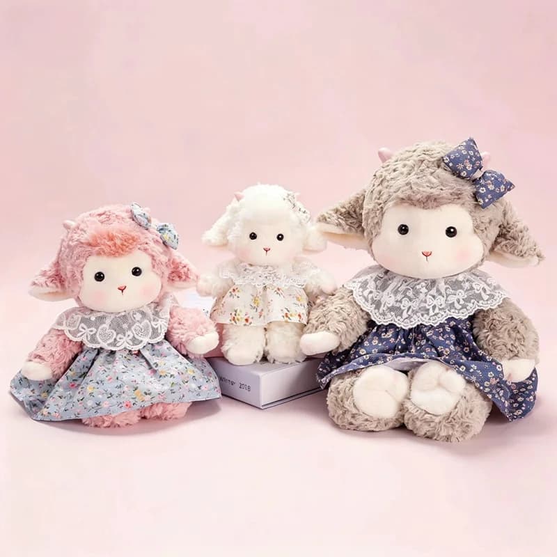 20cm Kawaii Sheep Plush Toy with Lace Dress & Bow Dressed Sheep Stuffed Doll Cute Girl‑style Figure Ornament Birthday Gift