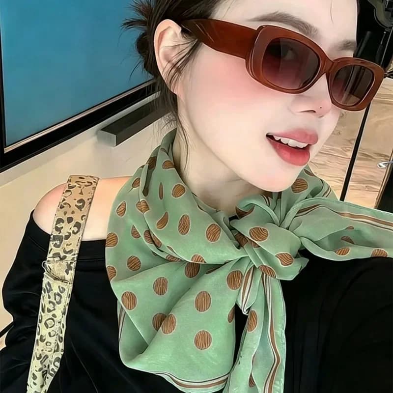 2026 Korean Fashion Polka Dot Silk Scarf Long Streamer Hepburn Style Green Polka Dot Versatile Neck Scarf for Women