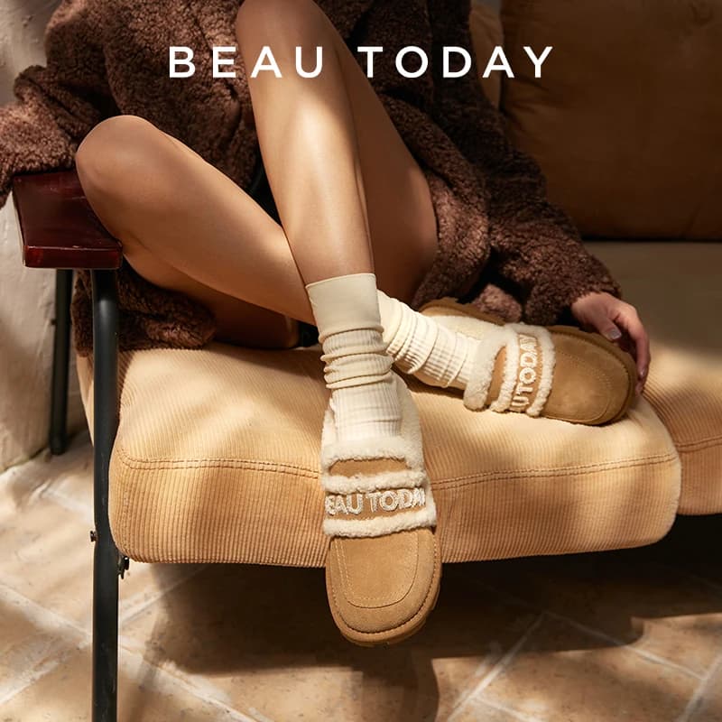BEAUTODAY mocassini in peluche donna pelle di mucca punta tonda lettere calda suola morbida Slip-on piatta con scarpe di lana invernali donna 27854