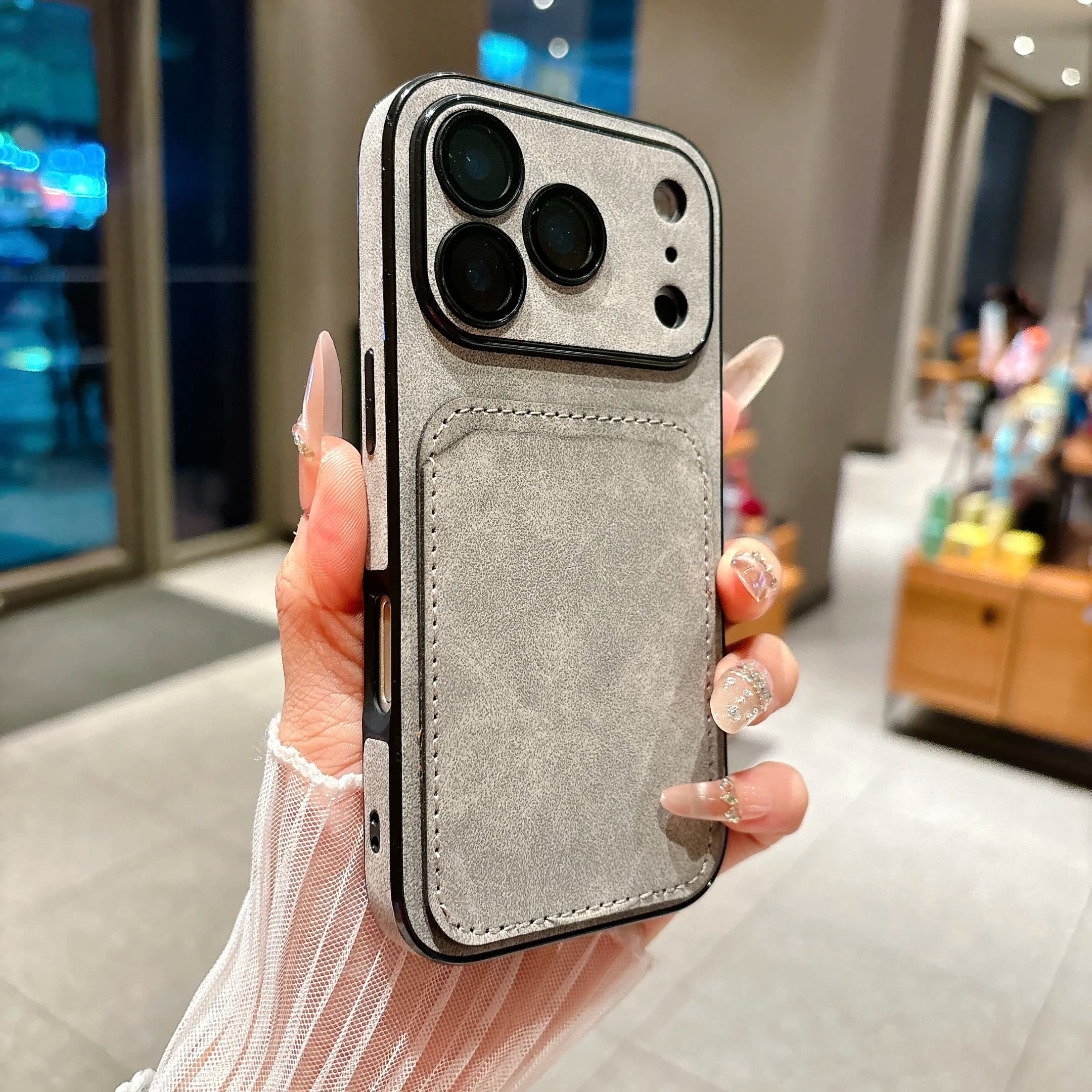 Credit card holder Suede leather phone case for iPhone 17 16 15 14 13 Plus Pro Max Business Insert Card Glass cover for opaque lenses