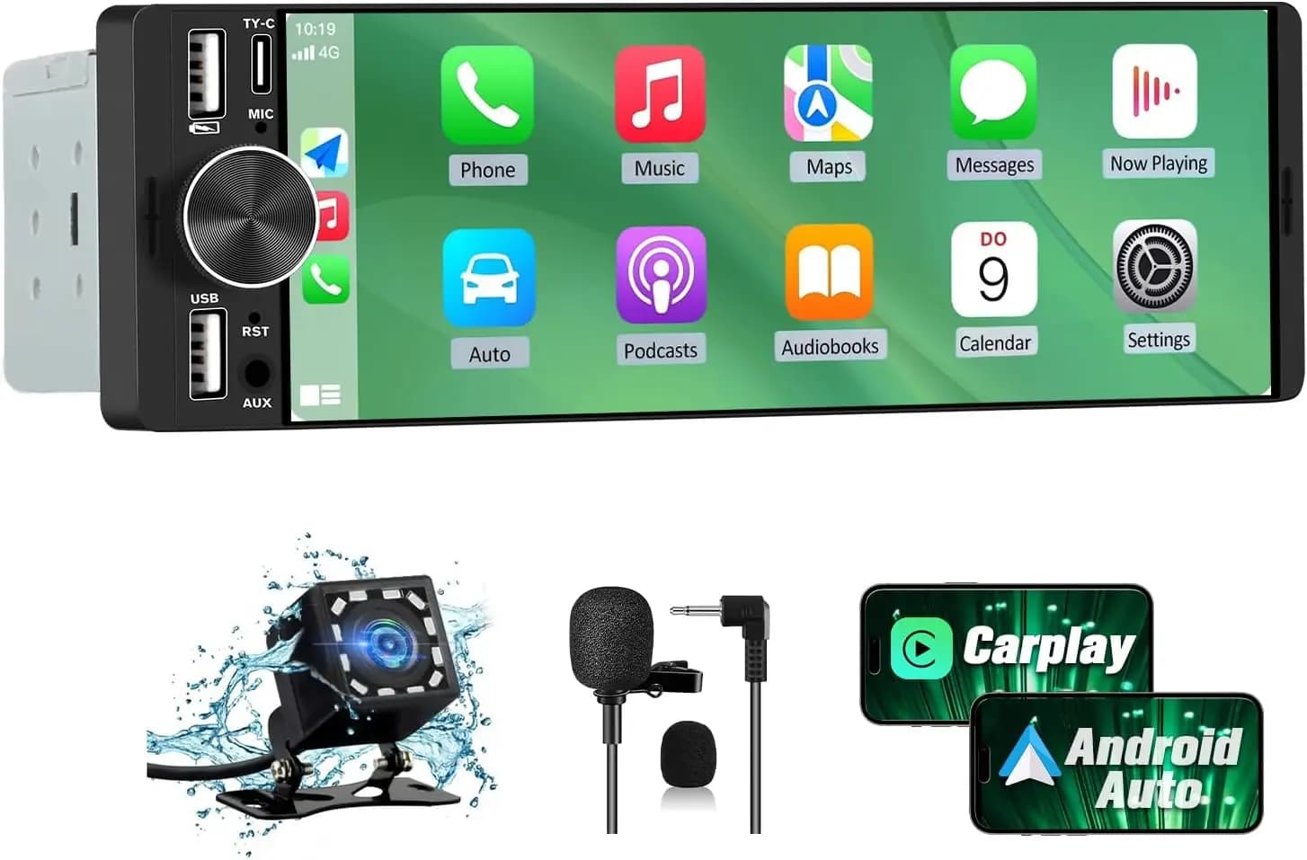 Single DIN Car Stereo with 6.36-Inch IPS Touchscreen - Wireless CarPlay & Android Auto, Backup Camera & External Microphone Included, Supports Bluetooth, SWC, FM, Dual USB & Type-C