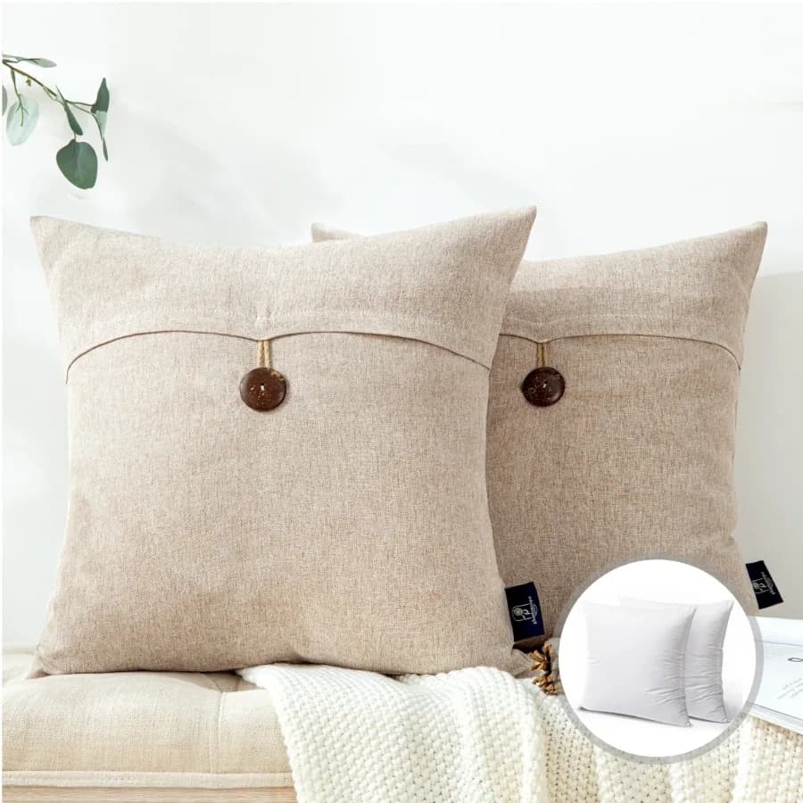 Single Button Series Farmhouse Square Decorative Polyester Throw Pillow Cusion for Couch 18" x 18" Beige 2 Pack