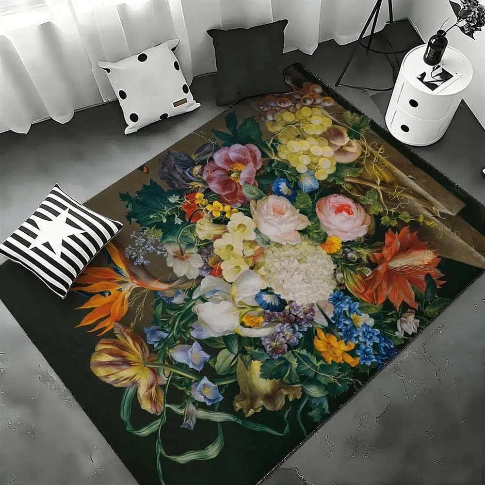 Tappetino da pavimento con pittura a olio di fiori, per camera da letto, soggiorno, tappetino in flanella, antiscivolo, decorazione per la casa