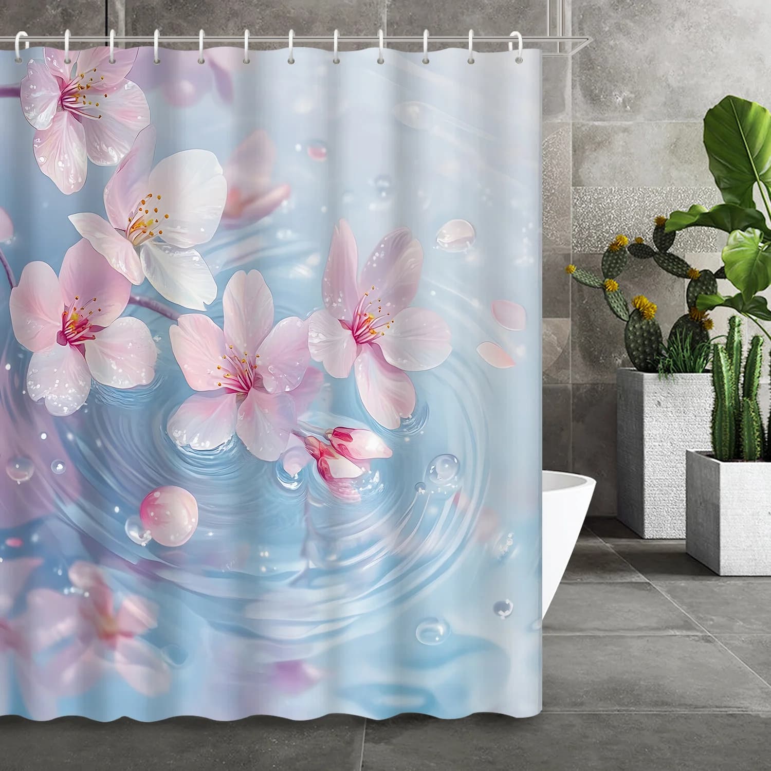 Tenda da doccia con fiori di ciliegio rosa, design con ondulazione dell'acqua, poliestere resistente, arredamento per il bagno spa lavabile in lavatrice