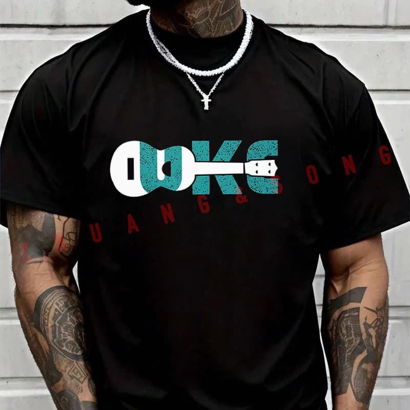 T-shirt divertente con stampa grafica ukulele da uomo, hip hop, streetwear, unisex, casual, alla moda, a maniche corte