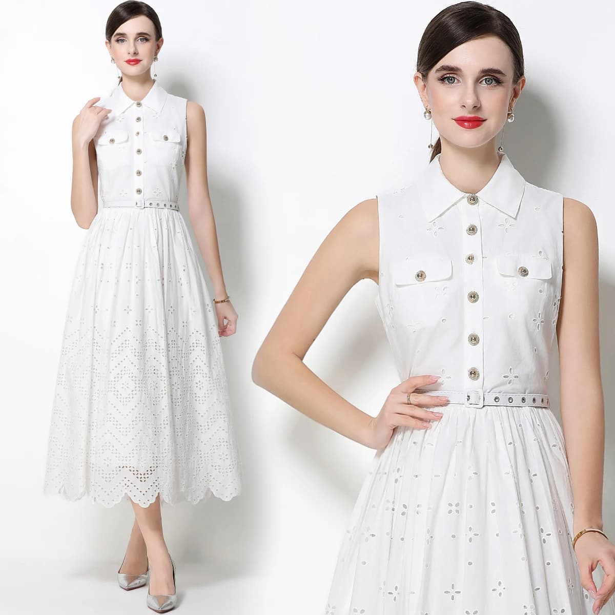 Elegant Hollow out Sleeveless Dress with Belt High Waist Midi Skirt for Women in White Simple Style Party Dress