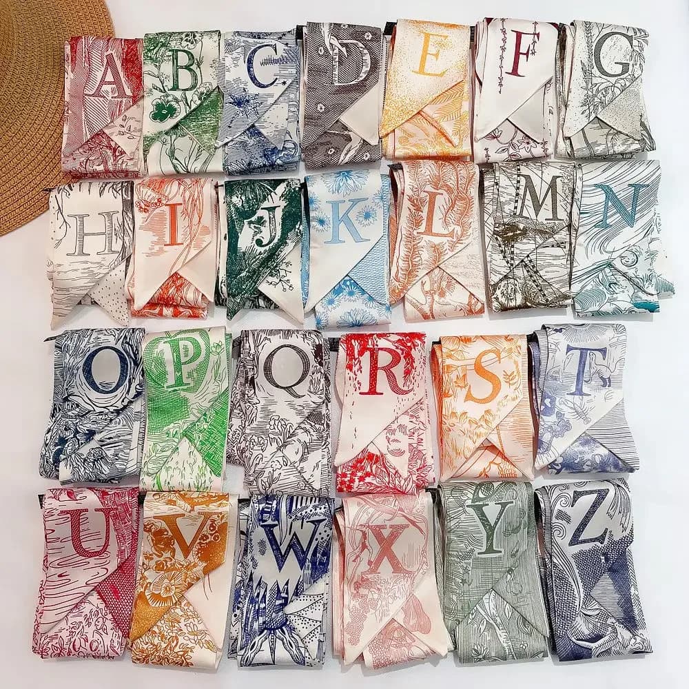 Spring New Tarot Card Hand-painted Flowers Birds and Plants 26 Letters Full Color Women's Silk Scarf Tied Bag Small Ribbon Scarf