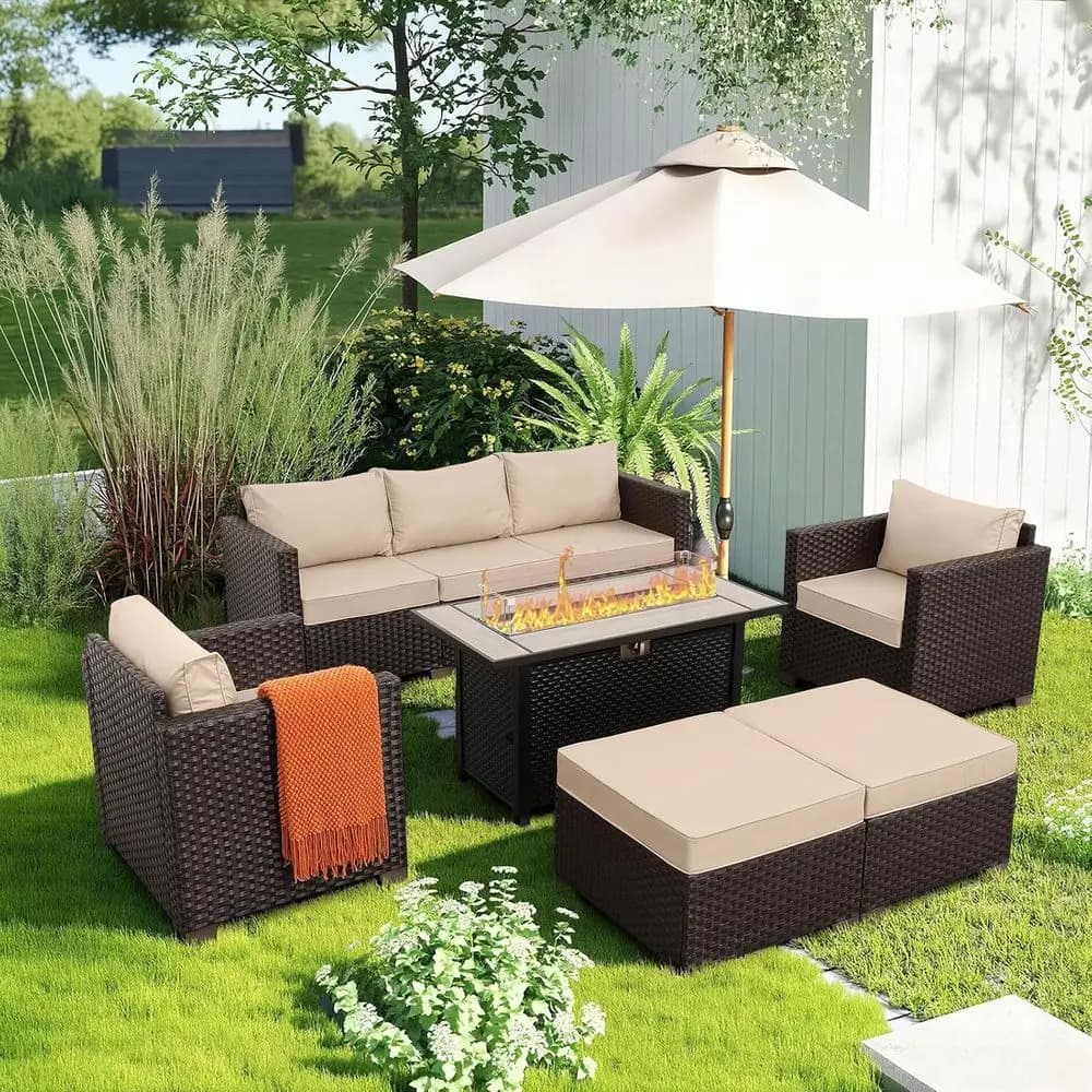 Set di Mobili da Esterno 6 Pezzi con Braciere a Gas da 45 cm, Set Divano in Vimini, Cuscini Antiscivolo e Coperture Impermeabili, Colore Kaki