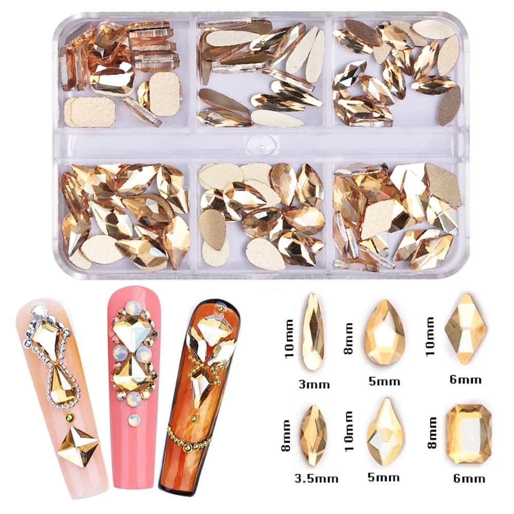 6 griglie 120 pezzi forme miste Golden Shadow Nail strass accessori per ciondoli per unghie retro piatto 3D decorazione per unghie fai da te