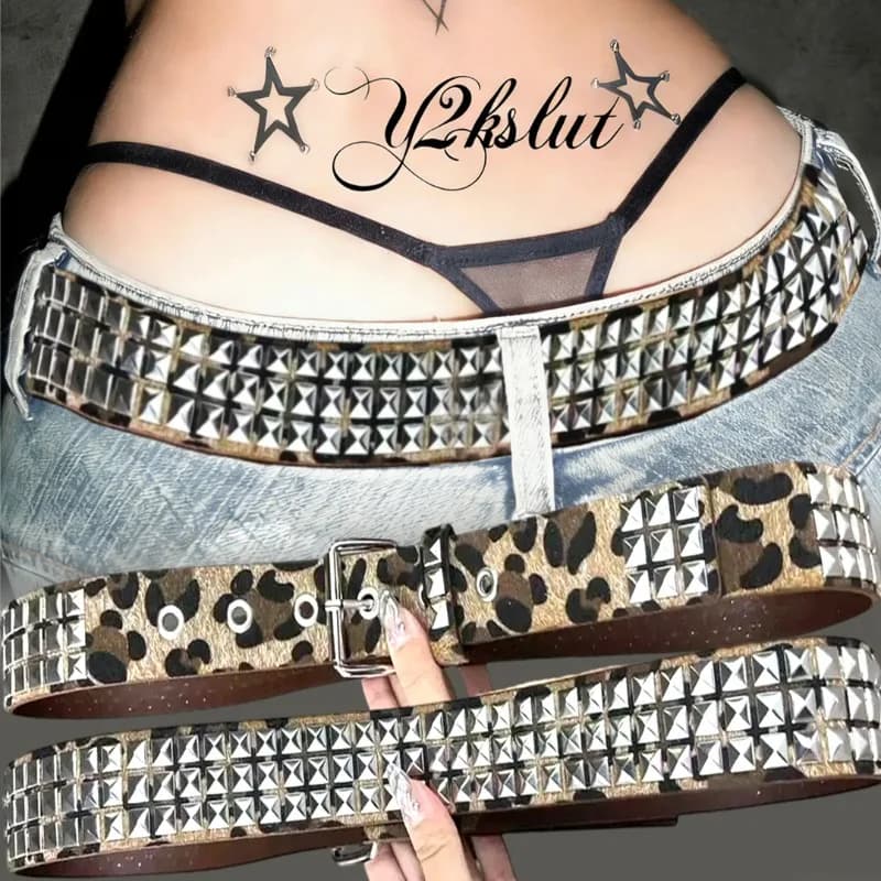 Y2K Leopard Rivet Belt Square Bead Trend Camouflage Waist Chain Girls Jeans Accessories Punk Hip Hop Rock Eyelet Decor Waistband