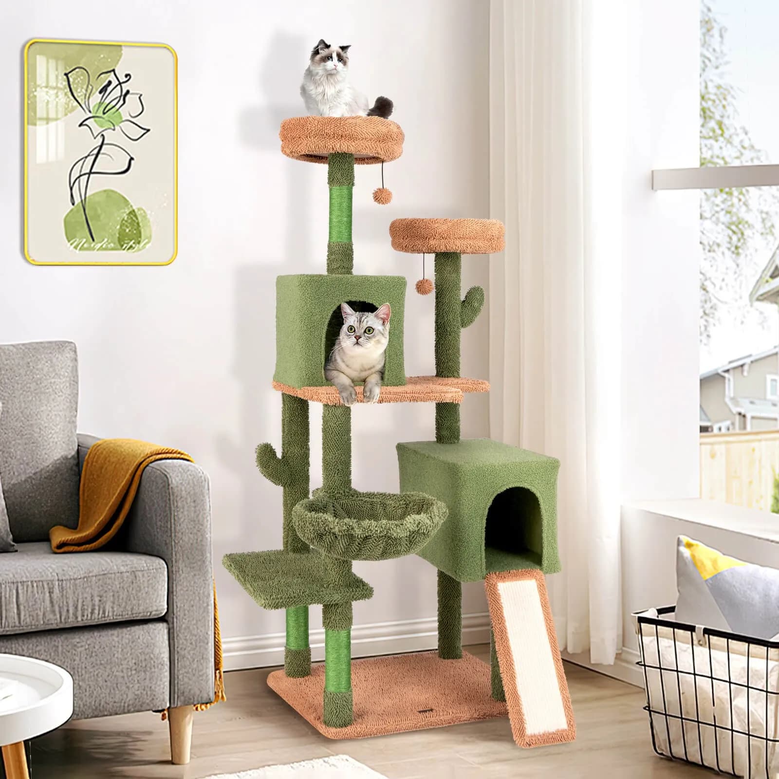 Albero per gatti da interno Cactus da 63 pollici con posti di grattamento in sisal e cestino a scala