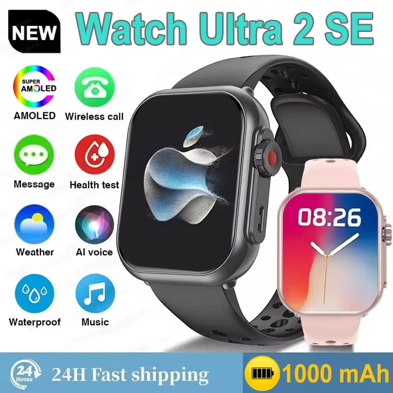 Smartwatch Ultra2 SE per Uomo e Donna, 1000mAh, AMOLED, Cardiofrequenzimetro, 100+ Sport, Chiamate Bluetooth, GPS, Impermeabile, Compatibile con Apple