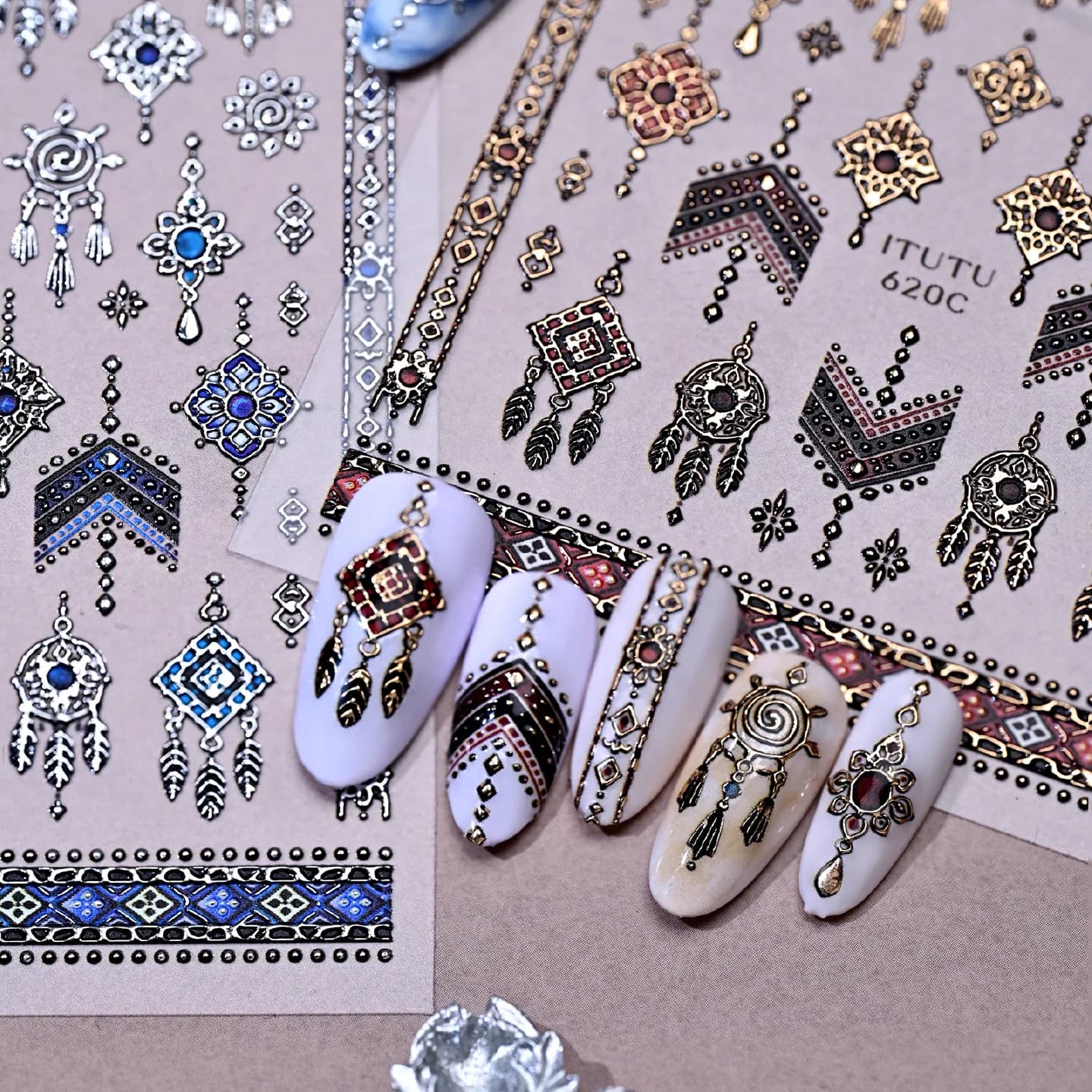 Indian Style Gold Silver Embossing 3d Nail Art Sticker Dreamcatcher Decals For Nails Decoration Manicure Decor Supplies Material