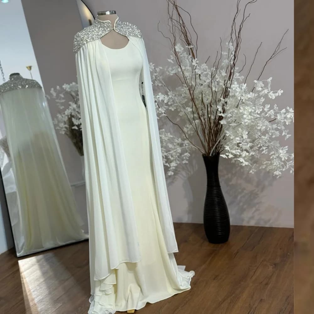 Abiti lunghi personalizzati in chiffon drappeggiato con volant da cocktail party a-line o-collo su misura
