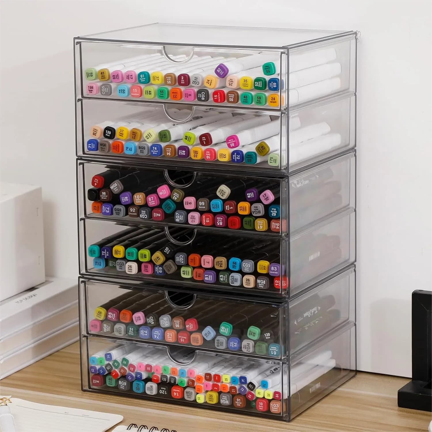 Cassetti Impilabili, Contenitori Organizzatori in Plastica Trasparente per Casa, Ufficio, Bagno, Cucina, Dispensa, Accessori da Scrivania (6 Cassetti)