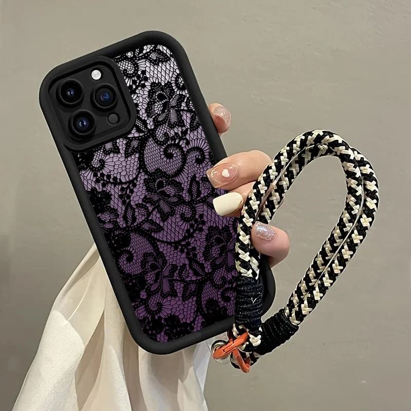 Black Purple Lace Hang Strap Phone Case For Samsung Galaxy Note 20 S24 S22 S23 S25 S26 Plus S24 FE S23 S24 S25 Ultra A56 Cover