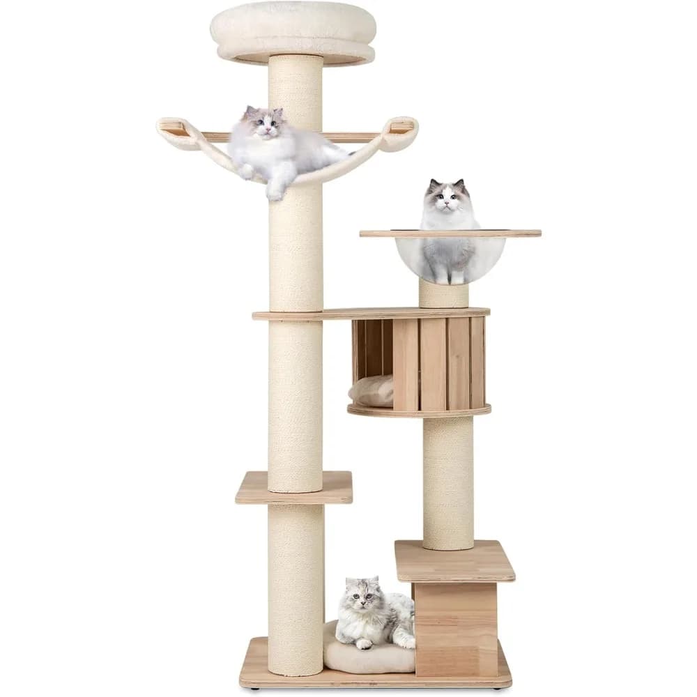 Torre per gatti in legno multilivello alta 69 pollici con tiragraffi, posatoi, condominio, capsula spaziale, amaca e copertura lavabile
