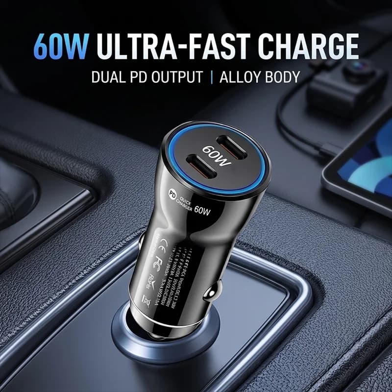 Caricabatterie da auto doppio USB-C 60W PD a ricarica rapida per iPhone 17 16 Pro Max, Samsung S24, iPad, Dash Cam - Spina stabile