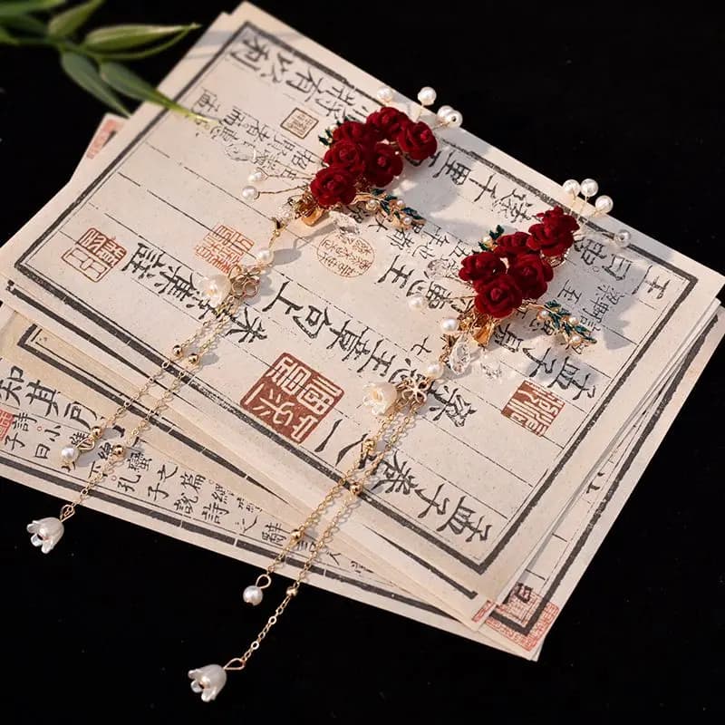 Accessorio per Capelli Hanfu in Stile Cinese Super Etereo, Spilla con Fiore Rosa Rossa, Articolo di Lusso Leggero di Grande Successo, Cinese S