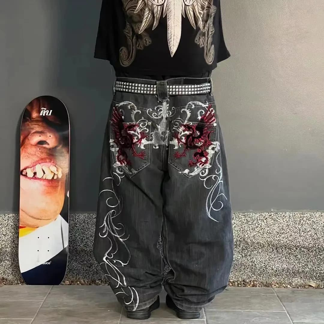Jeans Americani Ricamati a Gamba Dritta Stile Hip Hop, Vita Alta, Ricamo in Poliestere Denim, Chiusura con Cerniera, per Giovani
