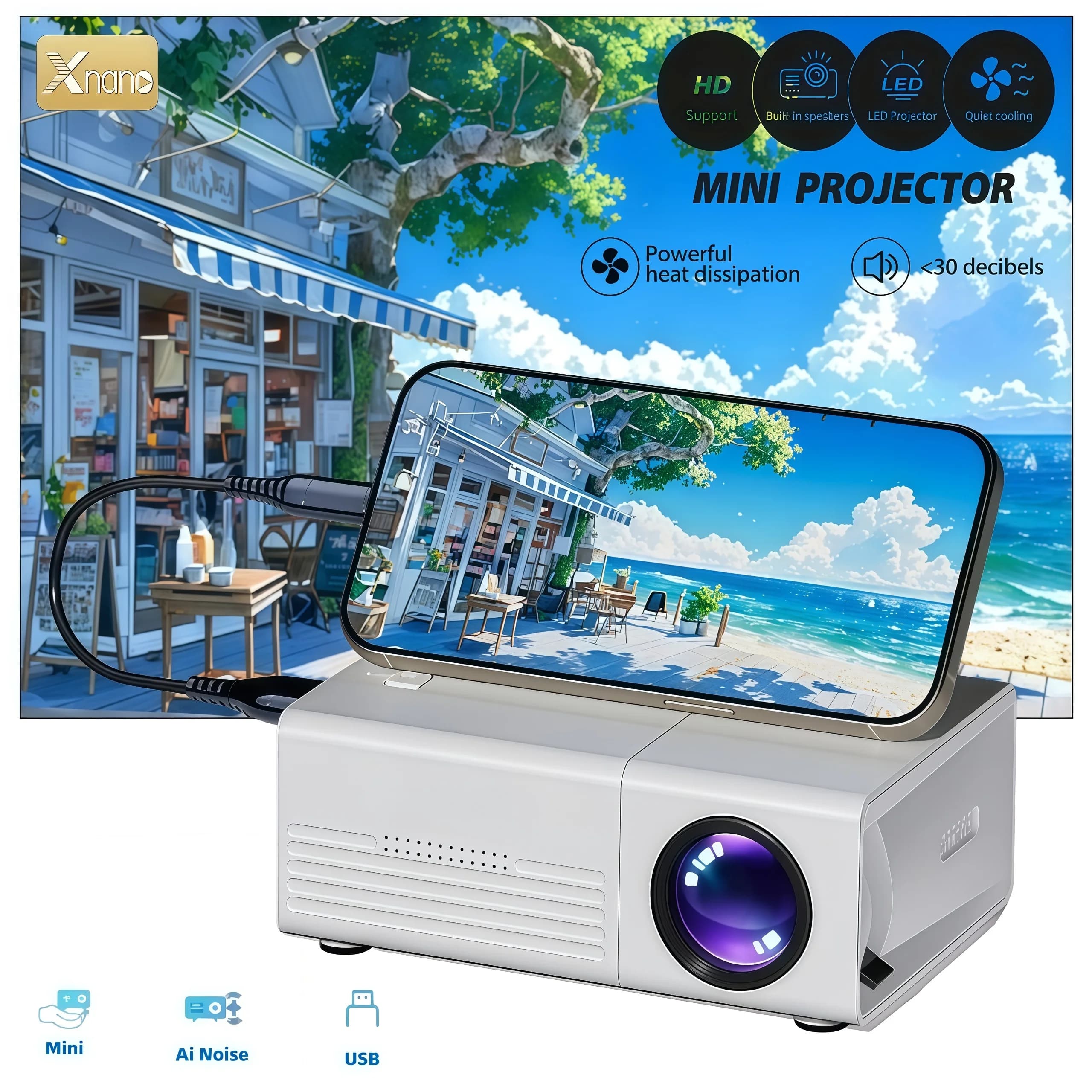 XNANO Q1 Portable Mini Projector, USB Wired Connection, AI Noise Reduction, 100-Inch Screen, Manual Focus, Keystone Correction, Low Latency, HD Home Theater, Gaming, Outdoor Movie Projector for the Bedroom, Travel, and Camping