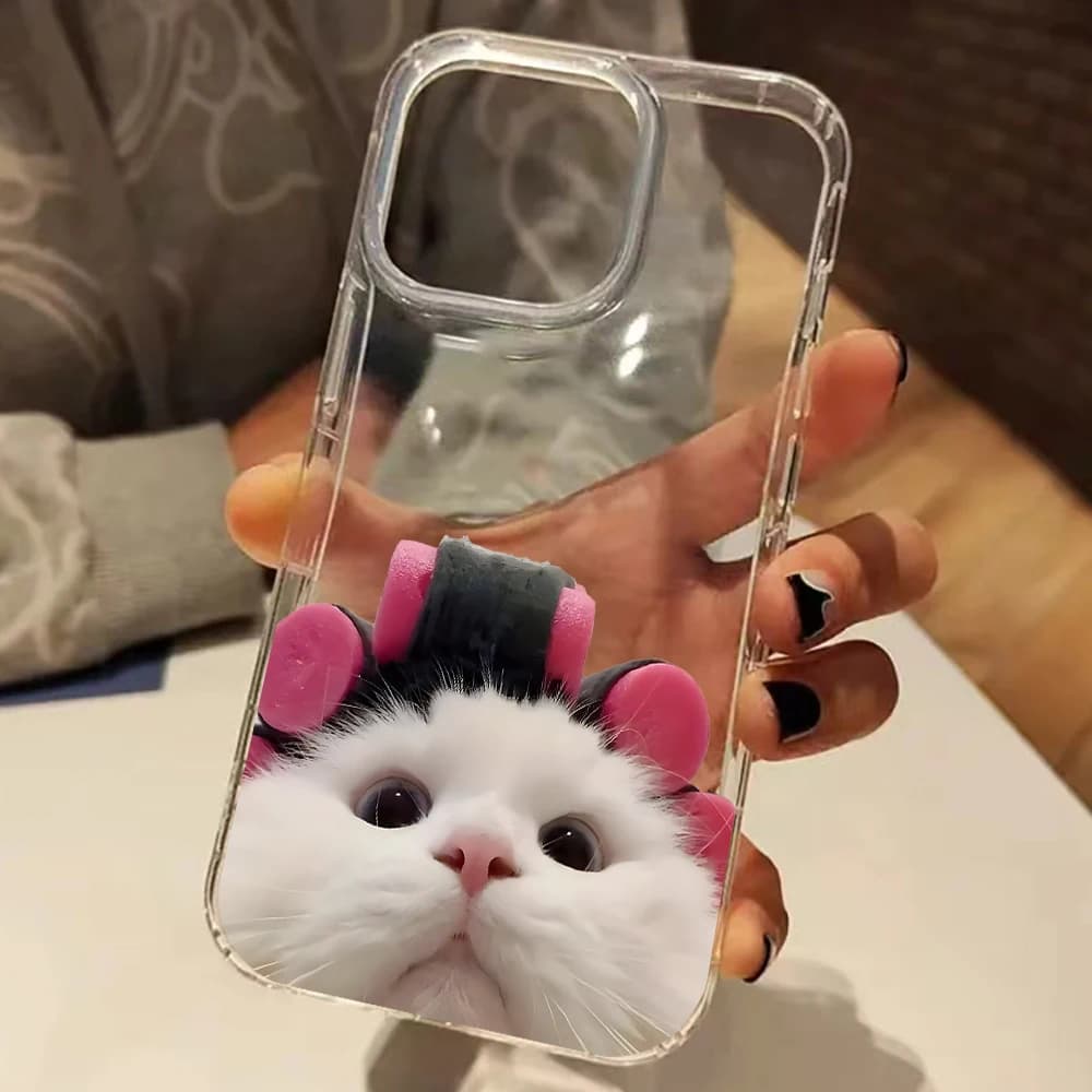 Funny Cat With Hair Rollers Pattern Clear Phone Case For iPhone 17 16 15 14 13 12 11 Pro Max Air 14 15 Plus XS X XR Soft Cover