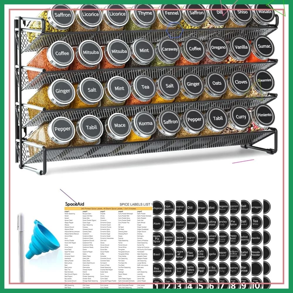 Portaspezie da 36 barattoli con etichette, pennarello a gesso e set imbuto - 17,2 L x 10,8 A, Nero