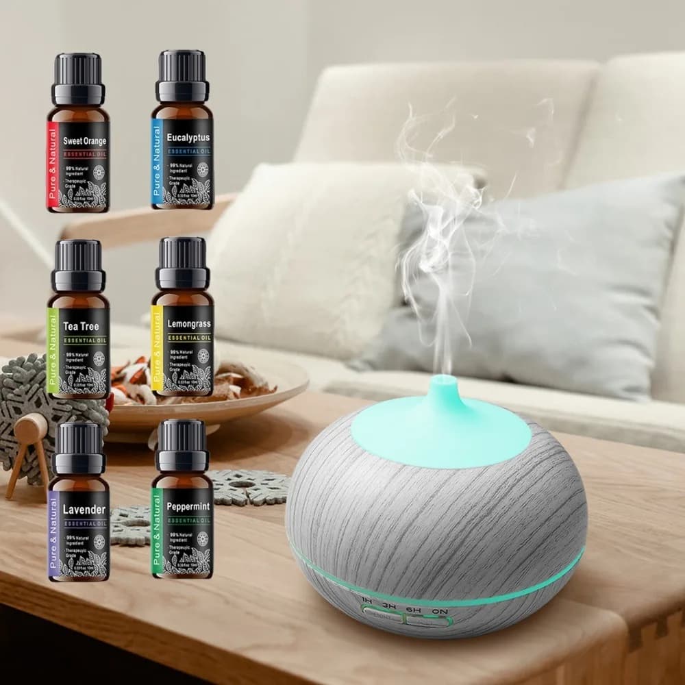 Diffusore per la casa Diffusore moderno di oli essenziali con venature del legno 550ml Spegnimento automatico 7 colori LED Umidificatore con telecomando 6 Bot