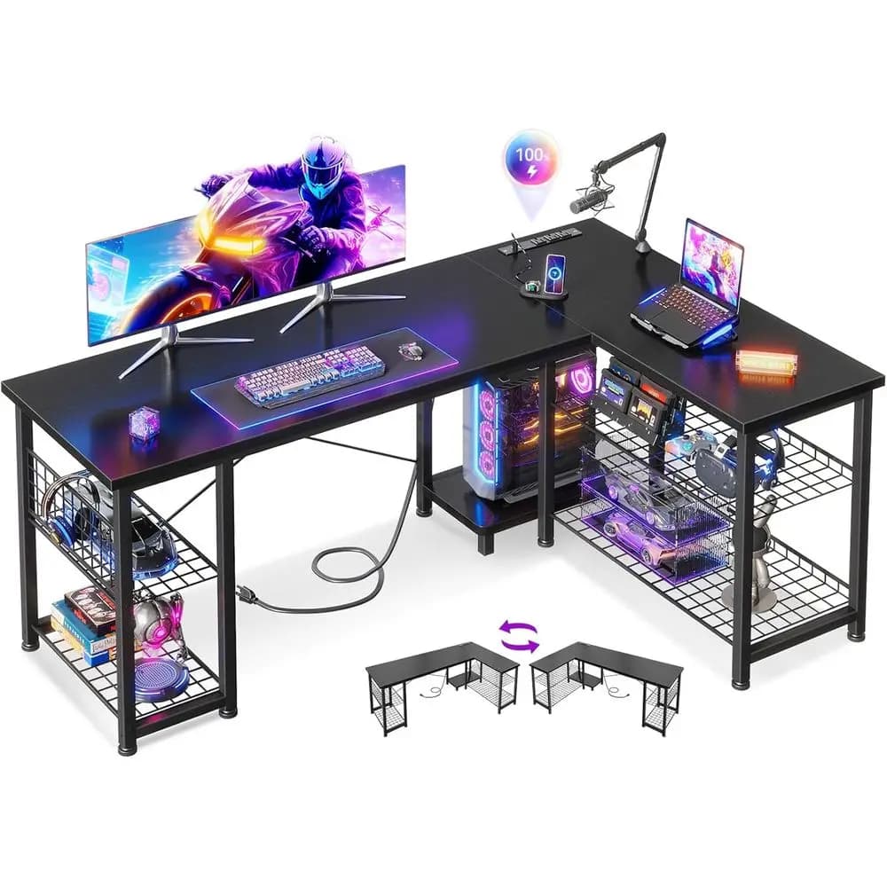 Scrivania da gioco a forma di L da 51 pollici con ripiani e prese di corrente, scrivania per computer reversibile con ripiani portaoggetti per ufficio domestico, nera