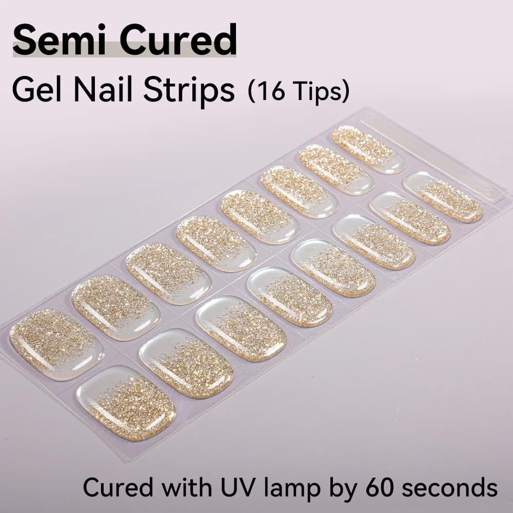 16Tips Semi-Cured Glitter Nail Stickers Pure Color Full Cover Wrap Nail Polish Stickers UV LED Lamp Self-Adhesive Gel Nail Strip