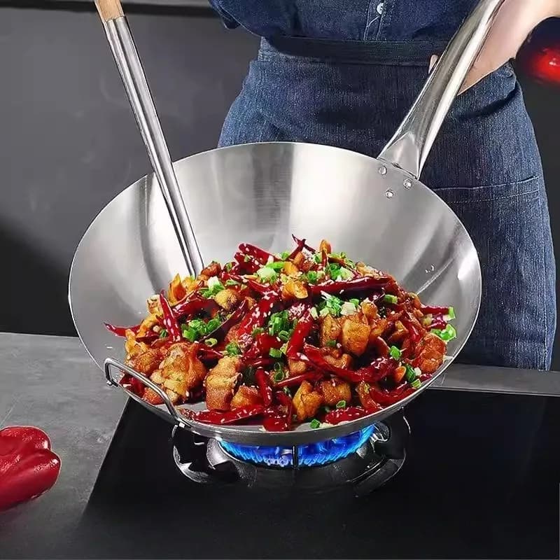 Padella Wok Commerciale in Acciaio Inox 304 Spesso, Fondo Rotondo, Antiaderente, per Cucina a Gas, Resistente, per Ristoranti