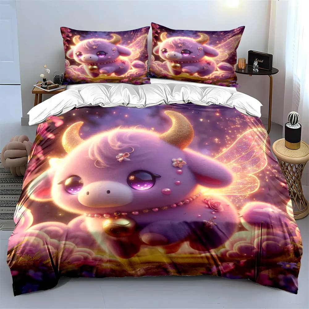 Set copripiumino viola con vitello sognante e ali luminose, design con stampa 3D, set biancheria da letto in morbido poliestere, comfort per tutte le stagioni