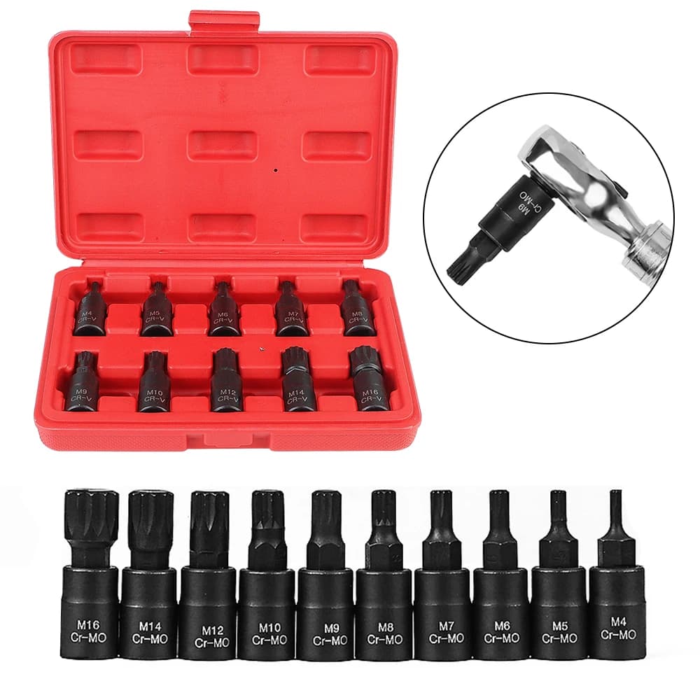 Socket Wrench Tool 10pcs 12 Point Torx Bit Socket Set M4-M16 3/8 Inch Drive Auto Accessories Premium Cr-Mo Steel for Car